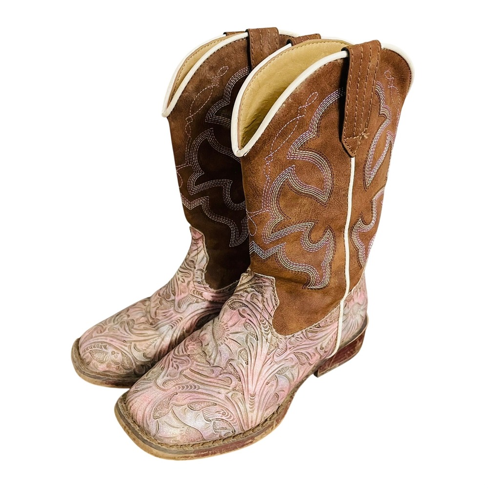 Roper Cowgirl Boots Pink Floral Brown Embossed Leather Girls 12 Western Cowboy